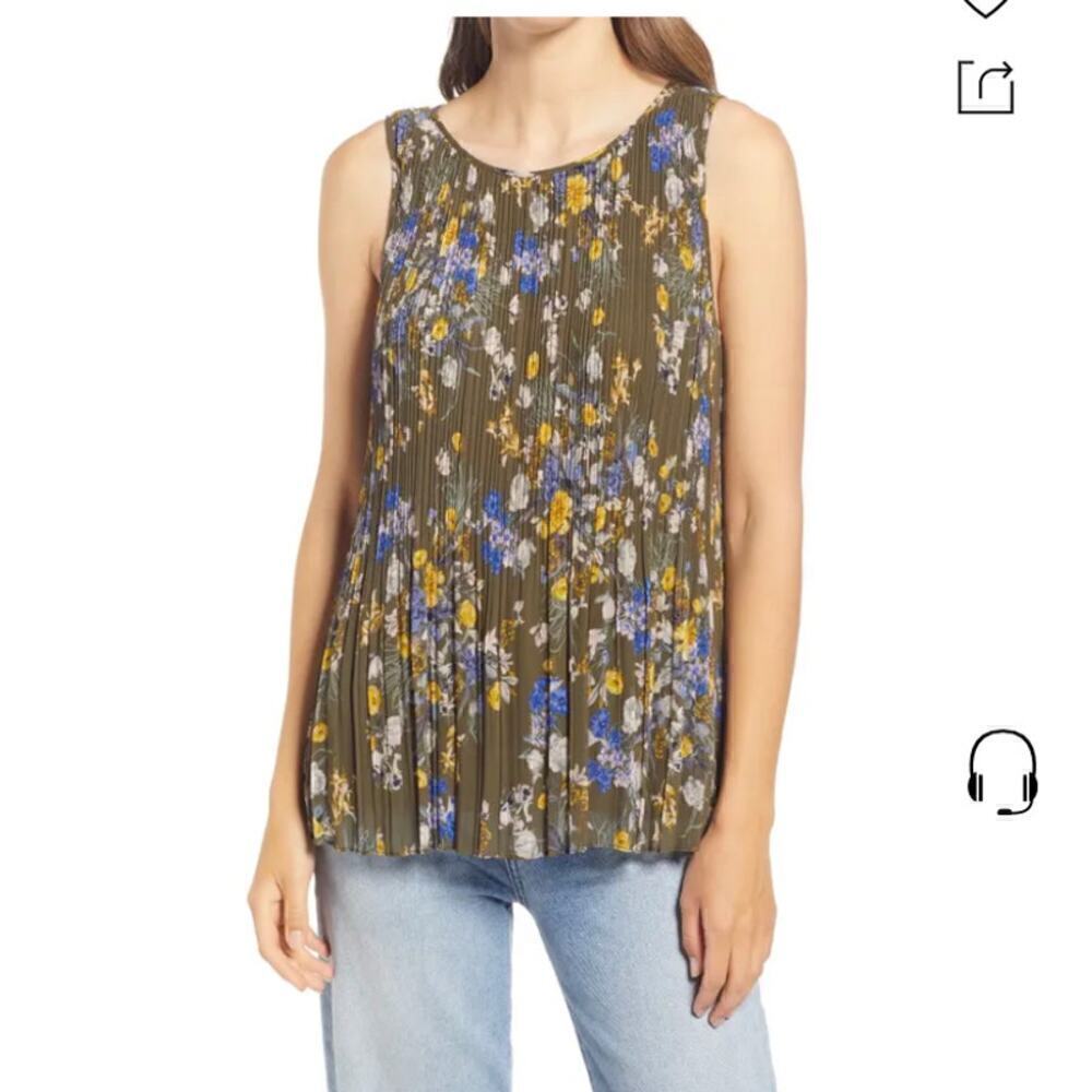 NWT Halogen Sleeveless Pleated Georgette Top Olive Nouveau Botanical Print S
